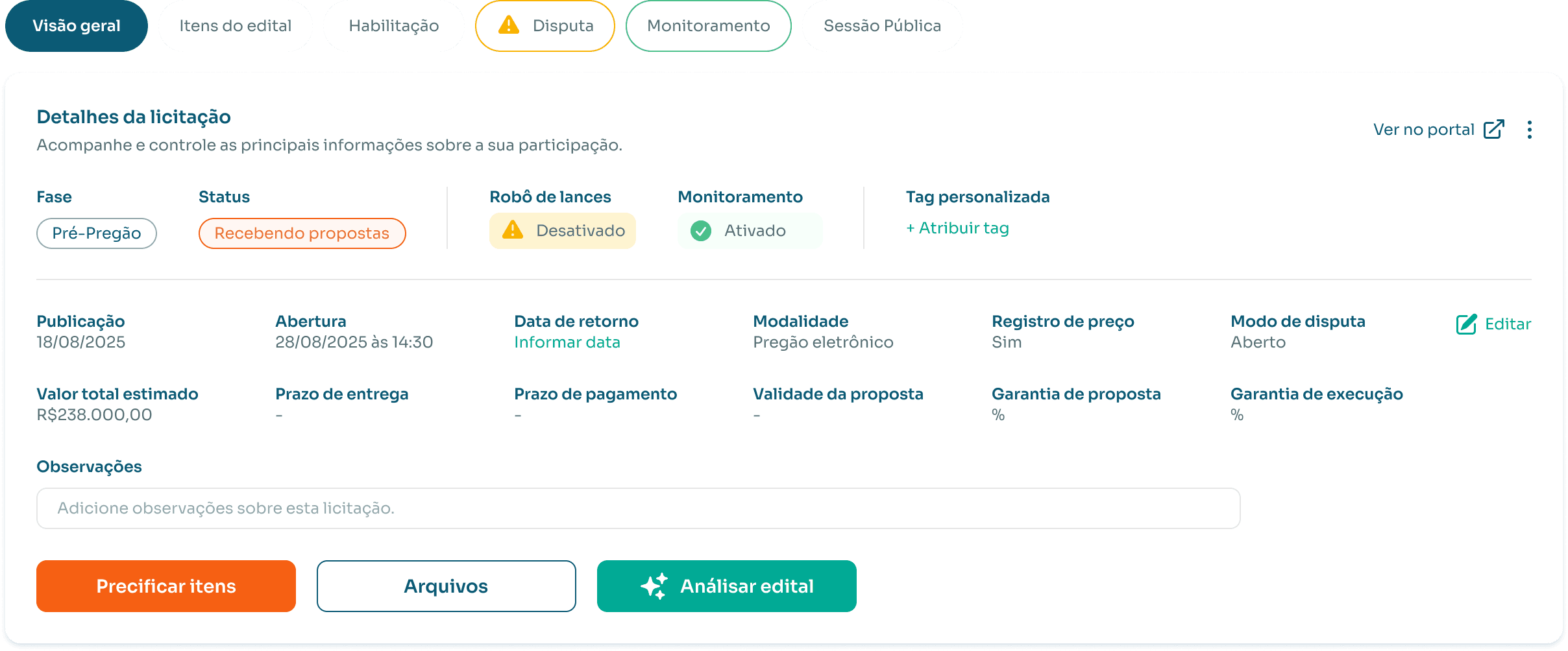 Interface de ativação do monitoramento
